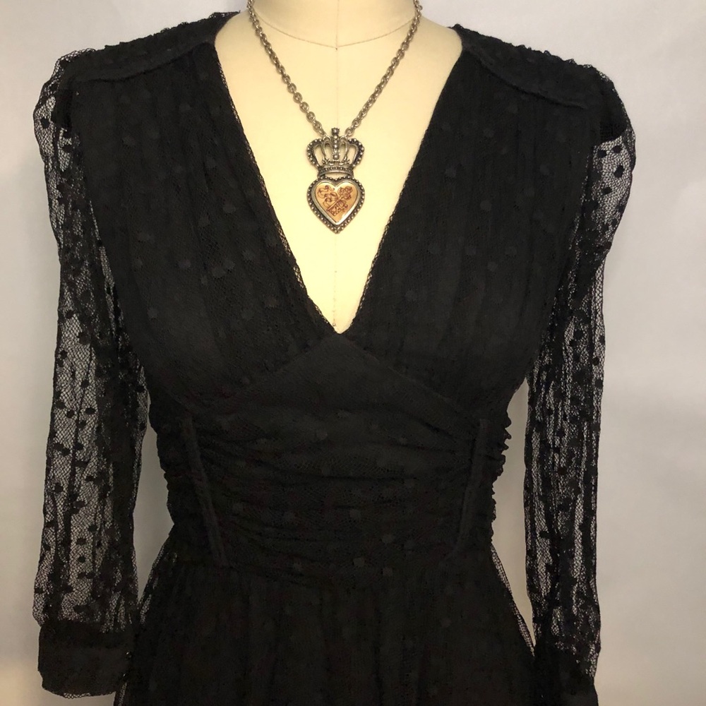 Betsey Johnson Dramatic Gothic Swiss Dot Mesh Lace Dress Wednesday Prom Sz 4 - Picture 3 of 12